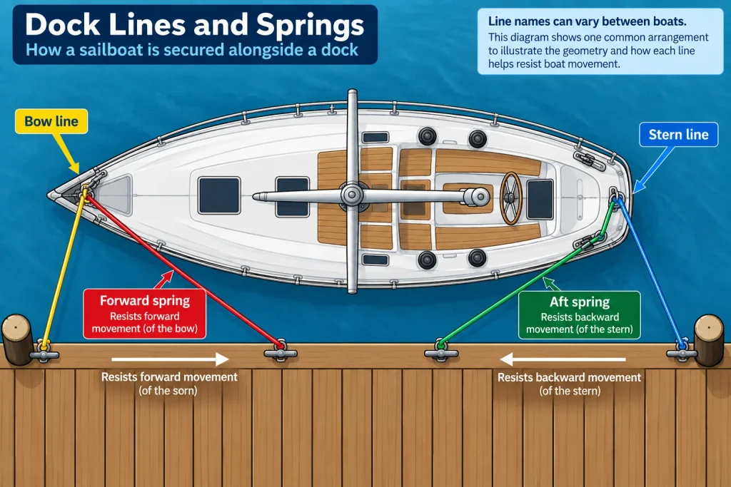 Top-down diagram of a sailboat alongside a dock showing bow line, stern line, forward spring and aft spring.
