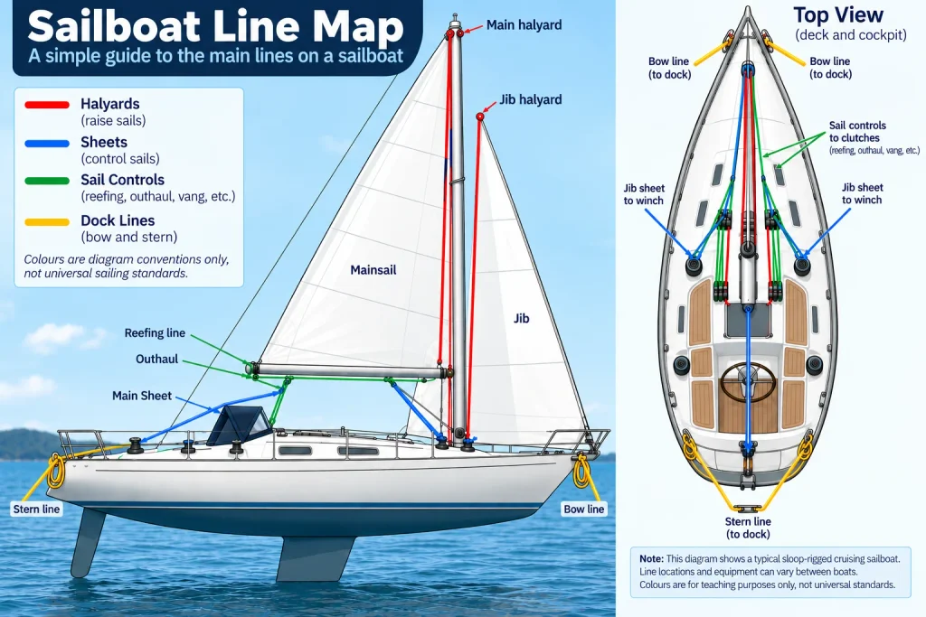 Colour-coded sailboat line map showing halyards, sheets, sail controls, bow lines and stern lines.