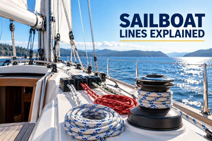 Sailboat deck with coiled lines, rope clutches and a winch illustrating sailboat line handling.