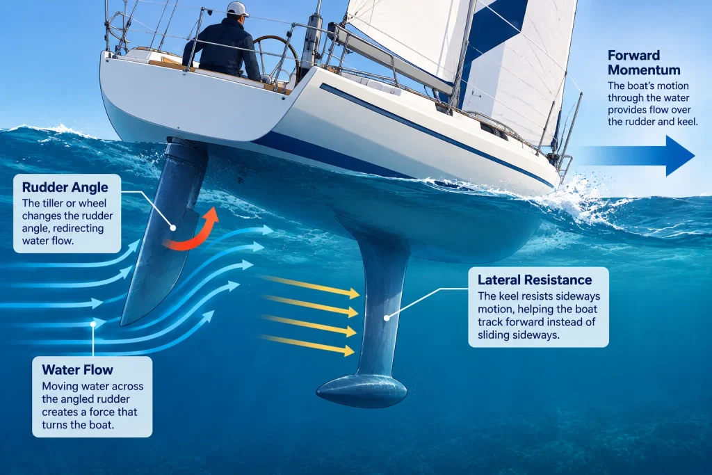 Sailboat steering illustration showing water flow over the angled rudder, keel lateral resistance and forward momentum.