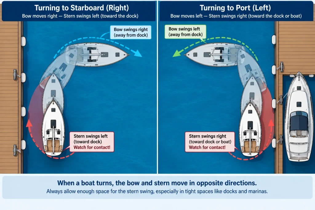 Top-down diagram showing a sailboat’s stern swinging opposite the bow during port and starboard turns near a dock.