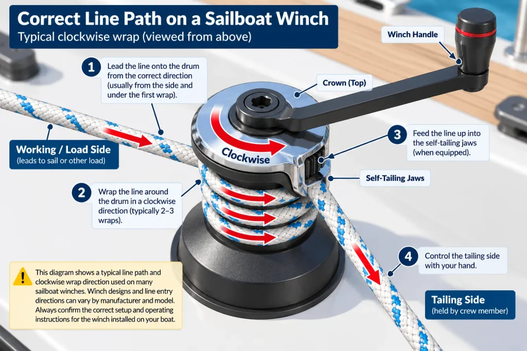 Diagram showing a typical clockwise line path around a self-tailing sailboat winch