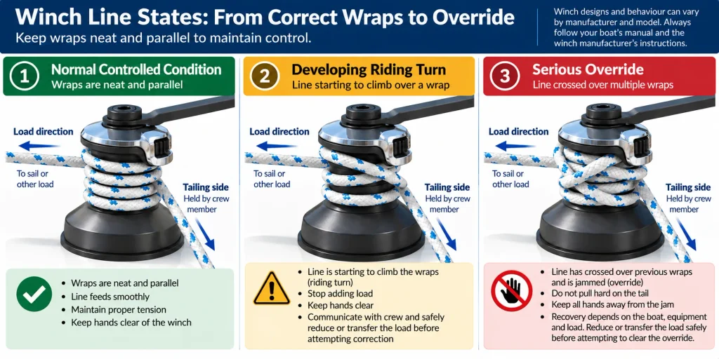 Diagram comparing normal winch wraps, a developing riding turn and a serious sailboat winch override