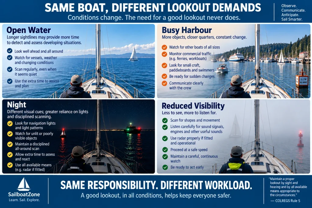 Four-panel sailing diagram comparing proper lookout demands in open water, a busy harbour, at night and in reduced visibility.