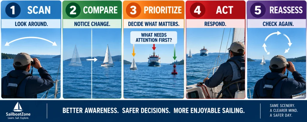 Five-step sailing situational awareness infographic showing Scan, Compare, Prioritize, Act and Reassess while keeping a proper lookout.