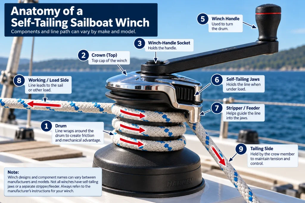 Diagram showing the parts and line path of a self-tailing sailboat winch