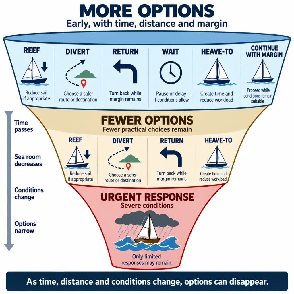 Funnel diagram showing how sailing options narrow as time passes, sea room decreases and conditions worsen.