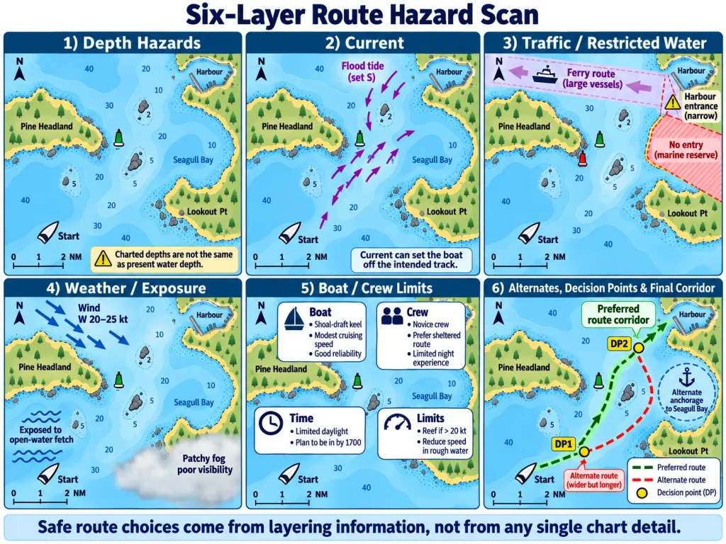 Six-stage sailing route hazard scan adding depth hazards, current, traffic restrictions, weather exposure, boat and crew limits, and alternate routes with decision points.