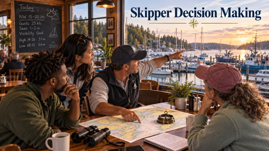 Skipper and crew study a nautical chart and marina conditions while discussing a sailing decision.