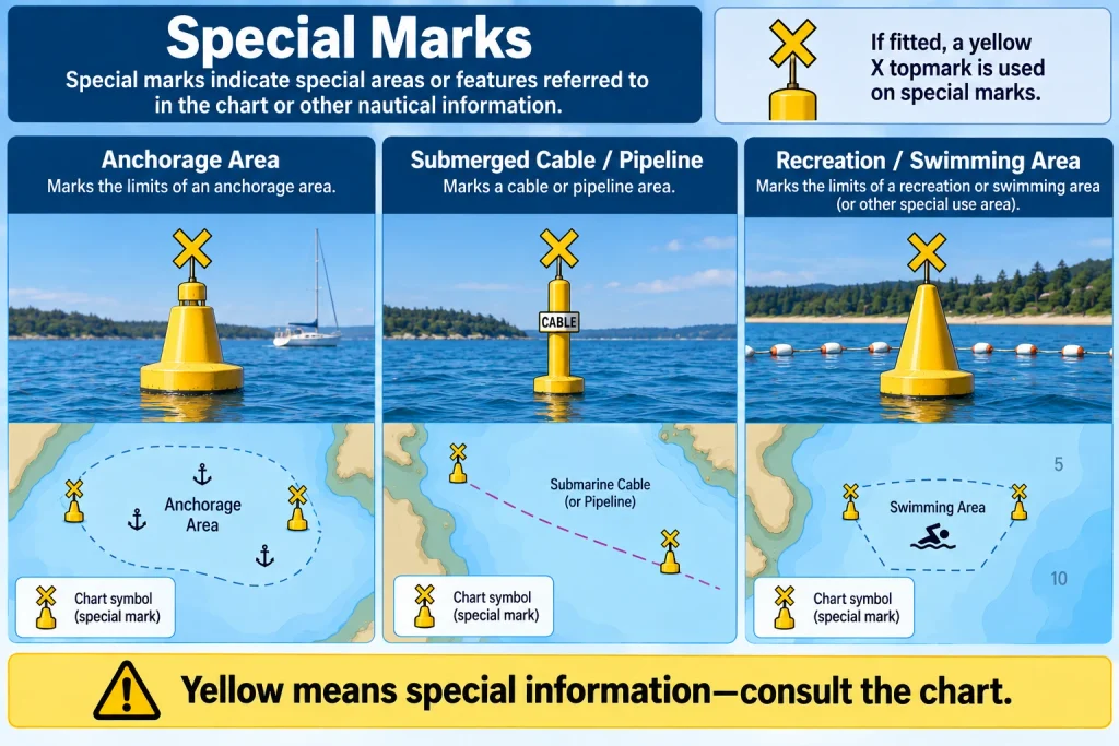 Three yellow special marks showing anchorage, submerged cable or pipeline, and recreation or swimming area examples, each with a yellow X topmark and chart inset.