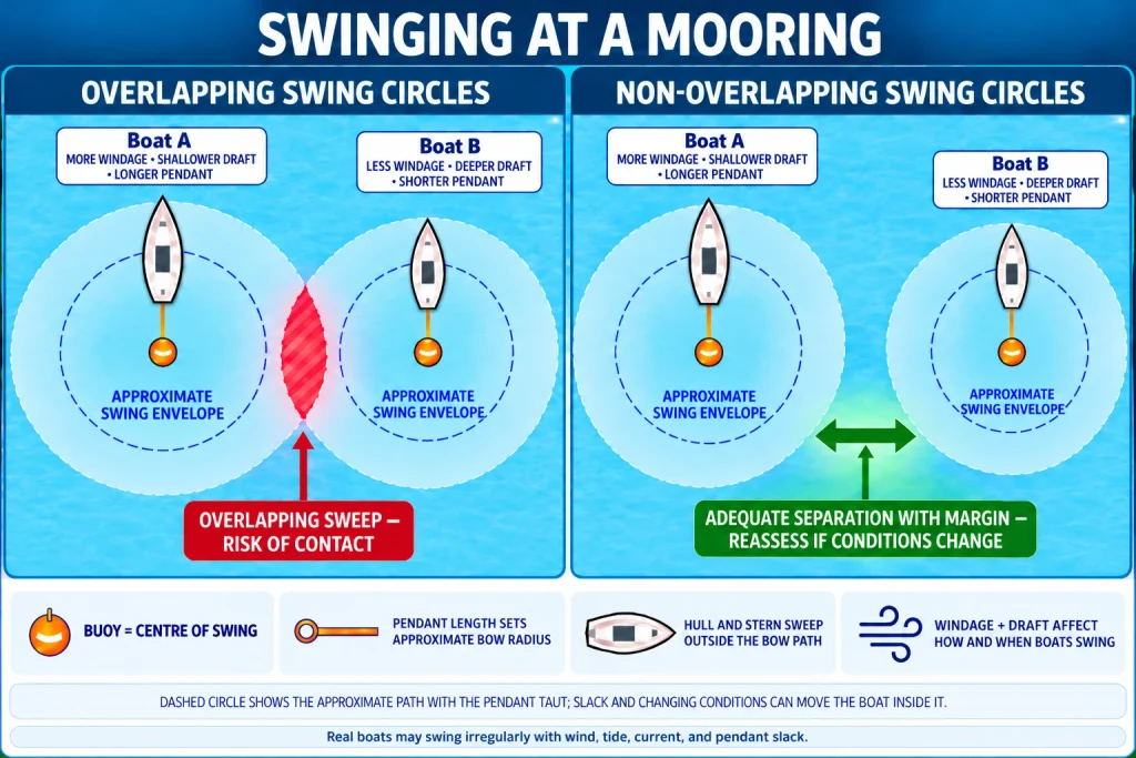 Infographic showing two moored boats with overlapping and non-overlapping swing circles, comparing risk of contact versus adequate separation with margin.