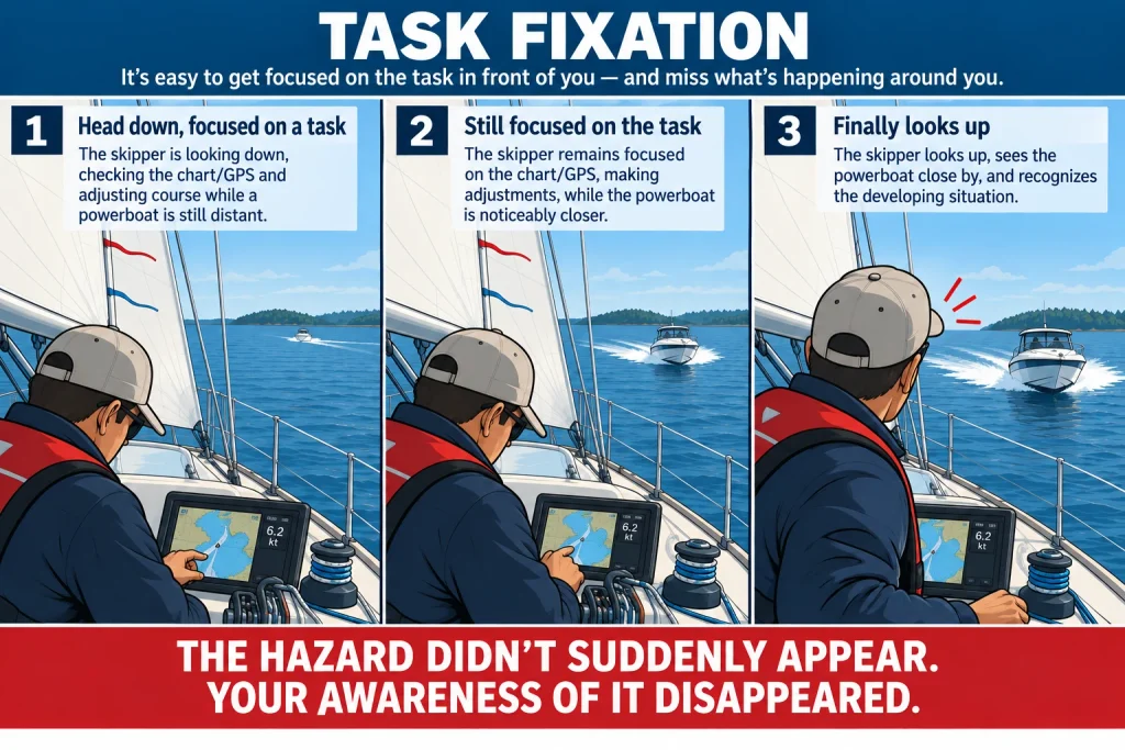 Three-panel sailing diagram showing a skipper focused on a chartplotter while an approaching powerboat gets progressively closer before the skipper finally looks up.