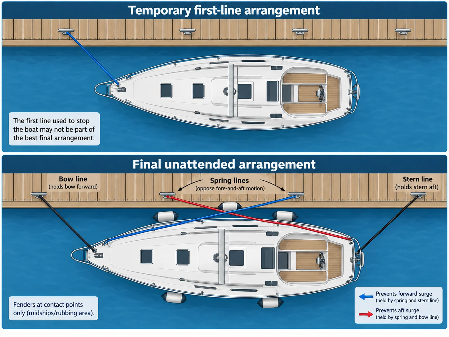 Two-panel top-down diagram comparing a temporary first dock line with a final unattended sailboat arrangement using bow and stern lines, opposed spring lines, and fenders at the dockside contact zone.