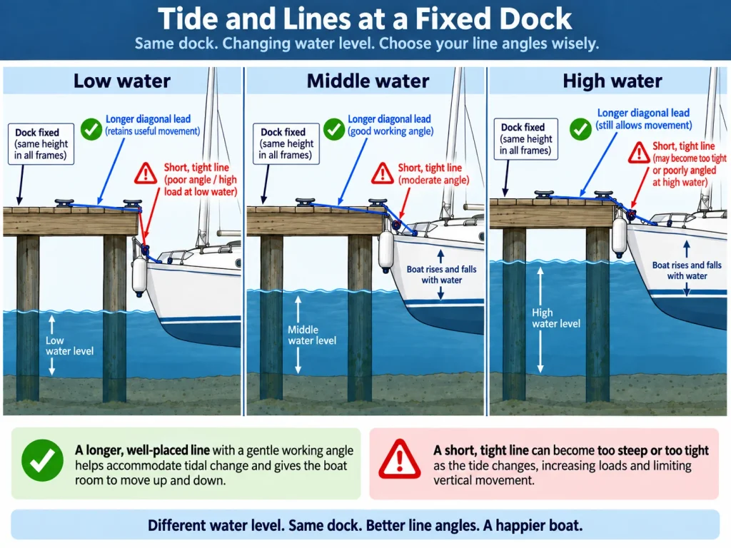 Three-panel side-view diagram showing a sailboat at low, middle, and high water beside a fixed dock, comparing a longer diagonal dock line with a short tight line that can become too steep or overly loaded as the tide changes.