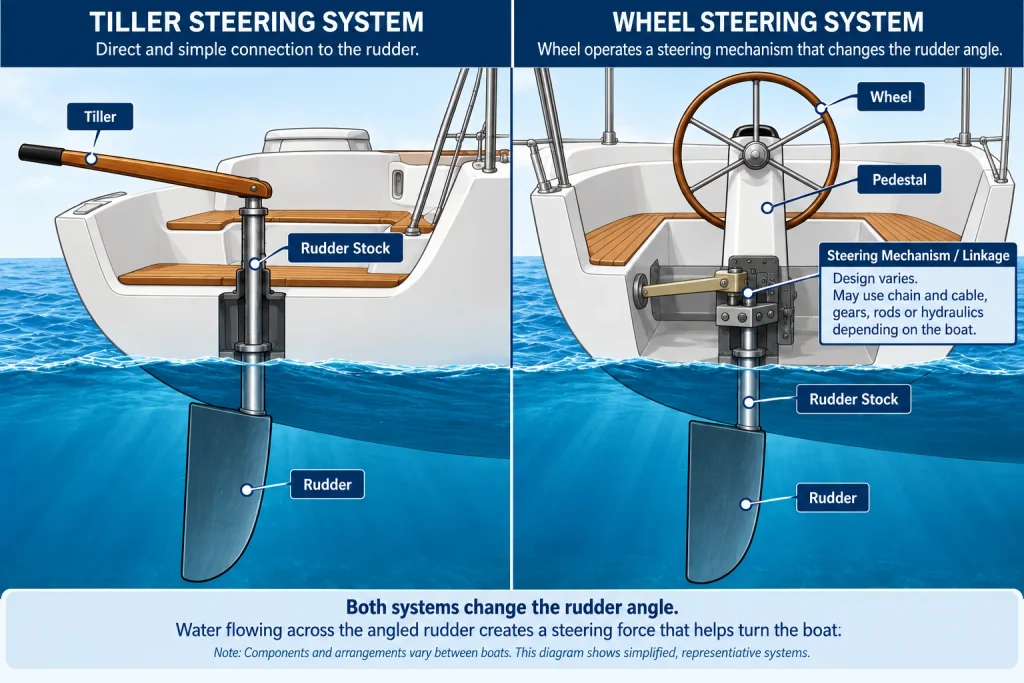 Diagram comparing tiller and wheel sailboat steering systems, showing the rudder stock, rudder, pedestal and steering linkage.