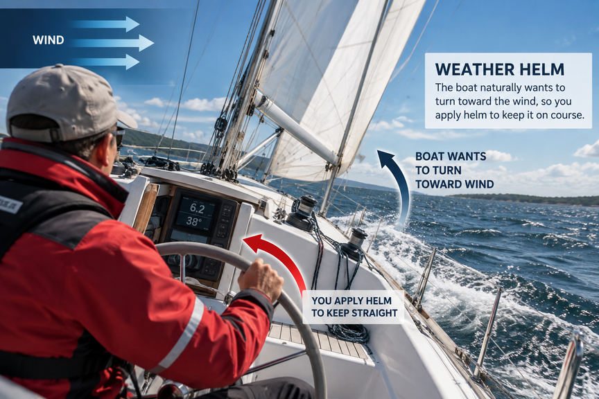 Sailboat with weather helm turning toward the wind as the skipper applies corrective wheel input
