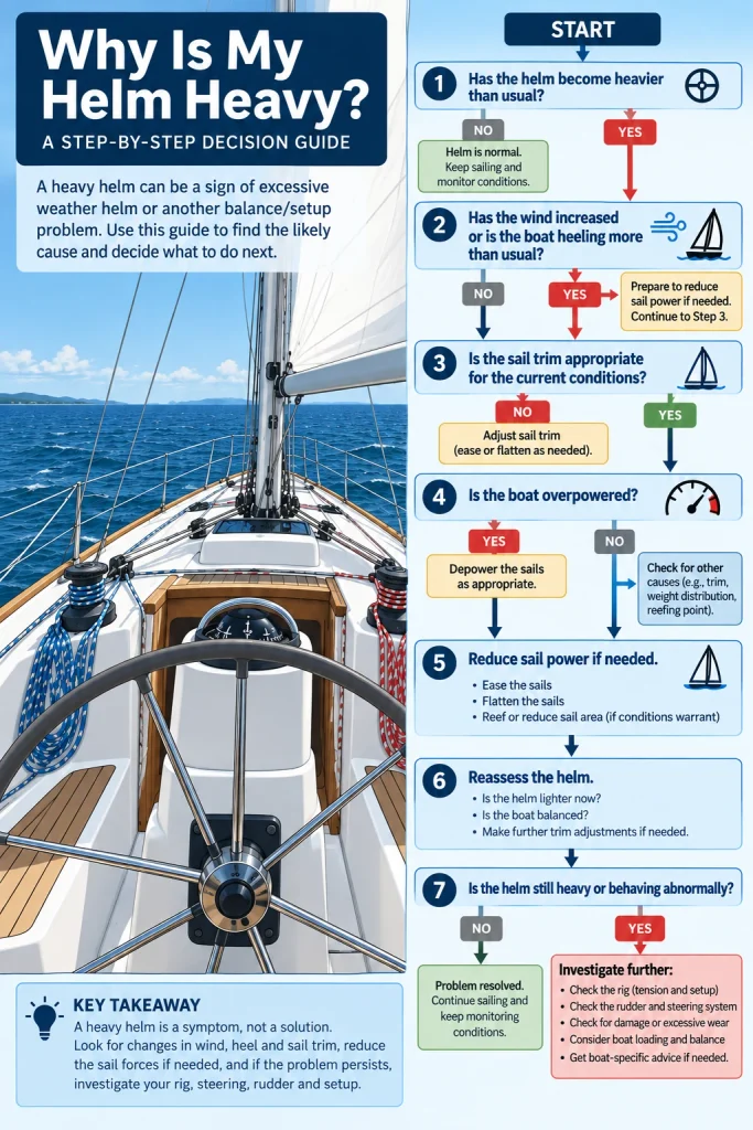 Weather helm decision guide showing how a skipper can diagnose a heavy helm by checking wind, heel, sail trim, overpowering and sail area.
